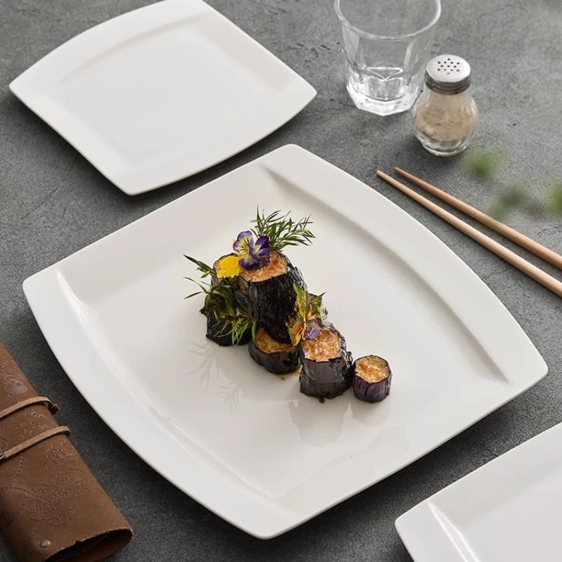 White Square Plate Ceramic Steak Plate Dessert Snack Dish Salad Dish Fruit Plate Creative Texture Artistic Conception Tableware