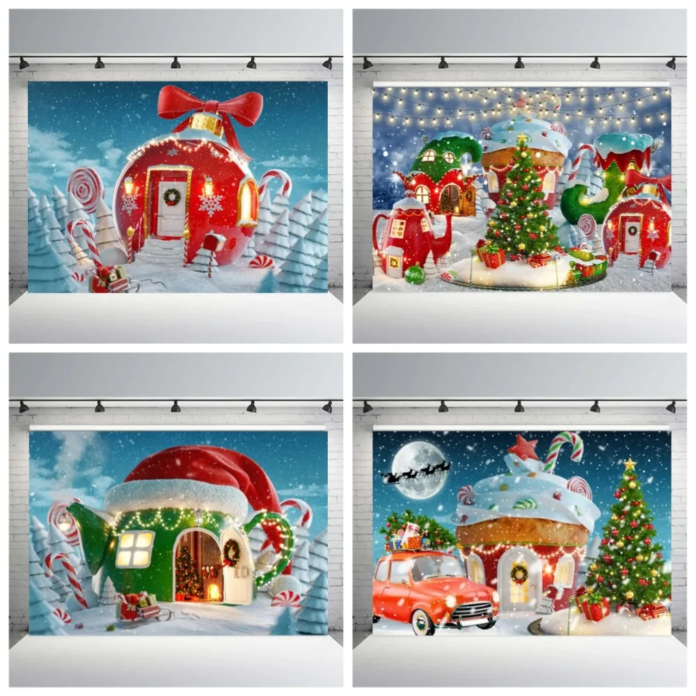 

Candy House Cartoon Christmas Village Photography Background, Winter Snow Pine Tree Children's Family Party Photography Backdrop