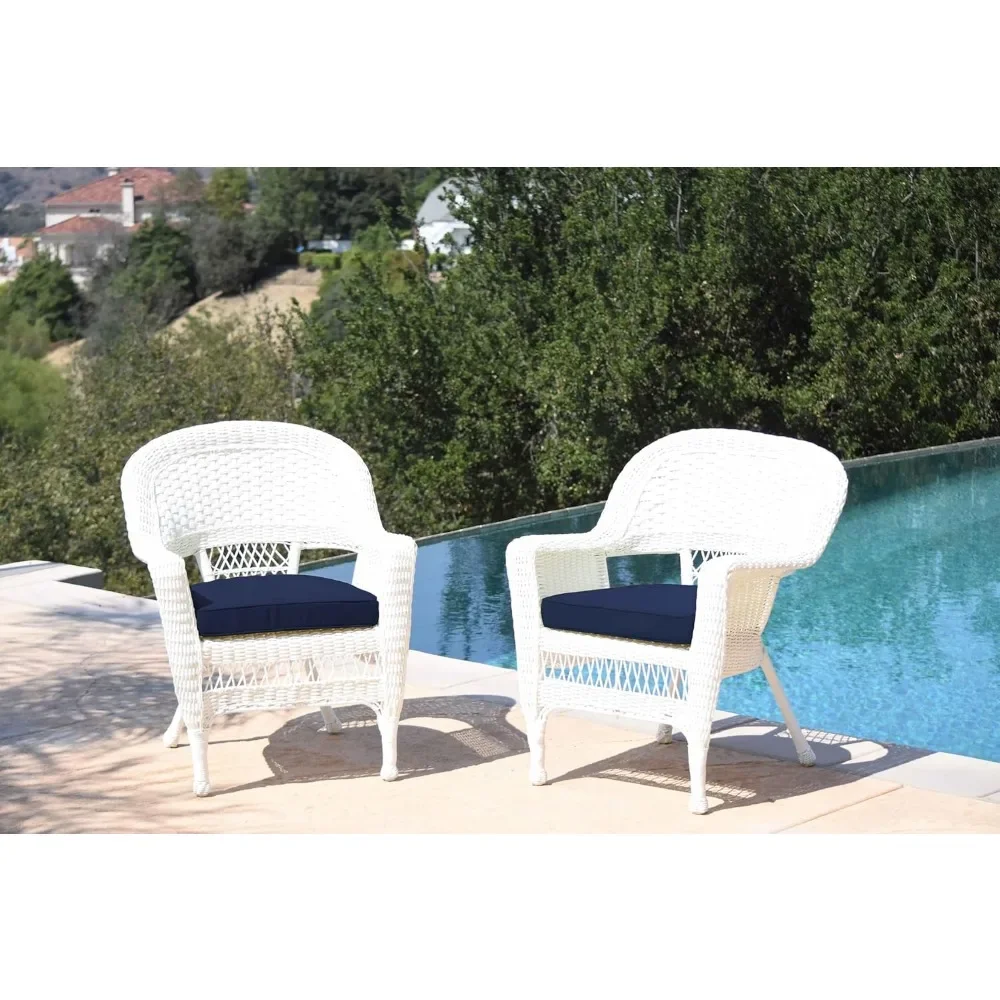 Wicker Chair with Blue Cushion, Set of 2, White