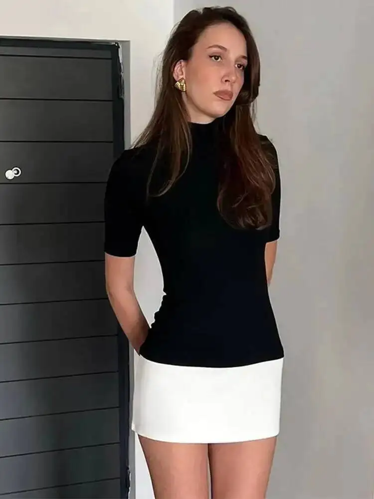Summer  Turtleneck Half Sleeve Mini Dresses French Style Fashion Elegant Black And White Patchwork Bodycon Dress