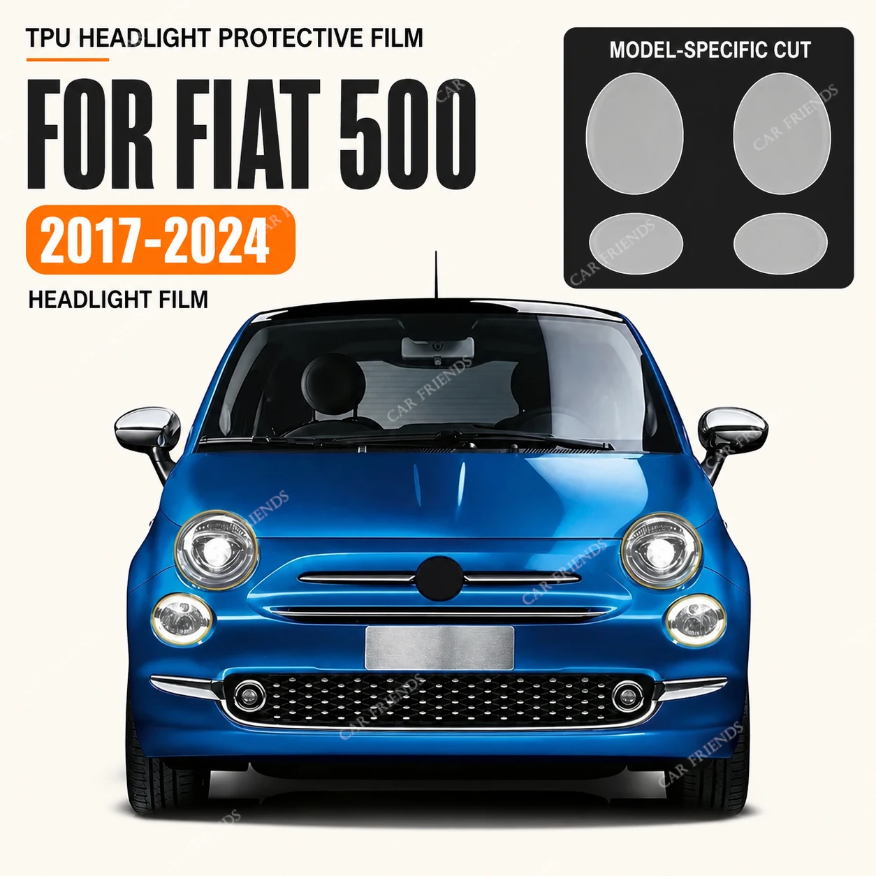 フィアット500（2017-2024年モデル）用カスタムフィットプレカットクリアtpu保護フィルム-ヘッドライトおよびドアボウルランプ保護ステッカー-85ミル