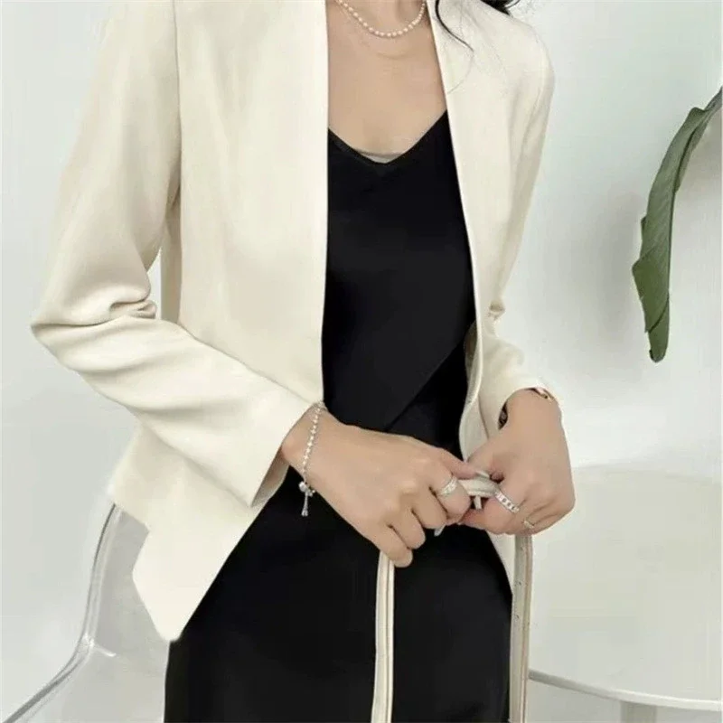 Elegant Temperament Office Lady Blazer Jacket Casual Simple Solid Color Cardigan Suit Coat Korean Fashion Collarless Outwear