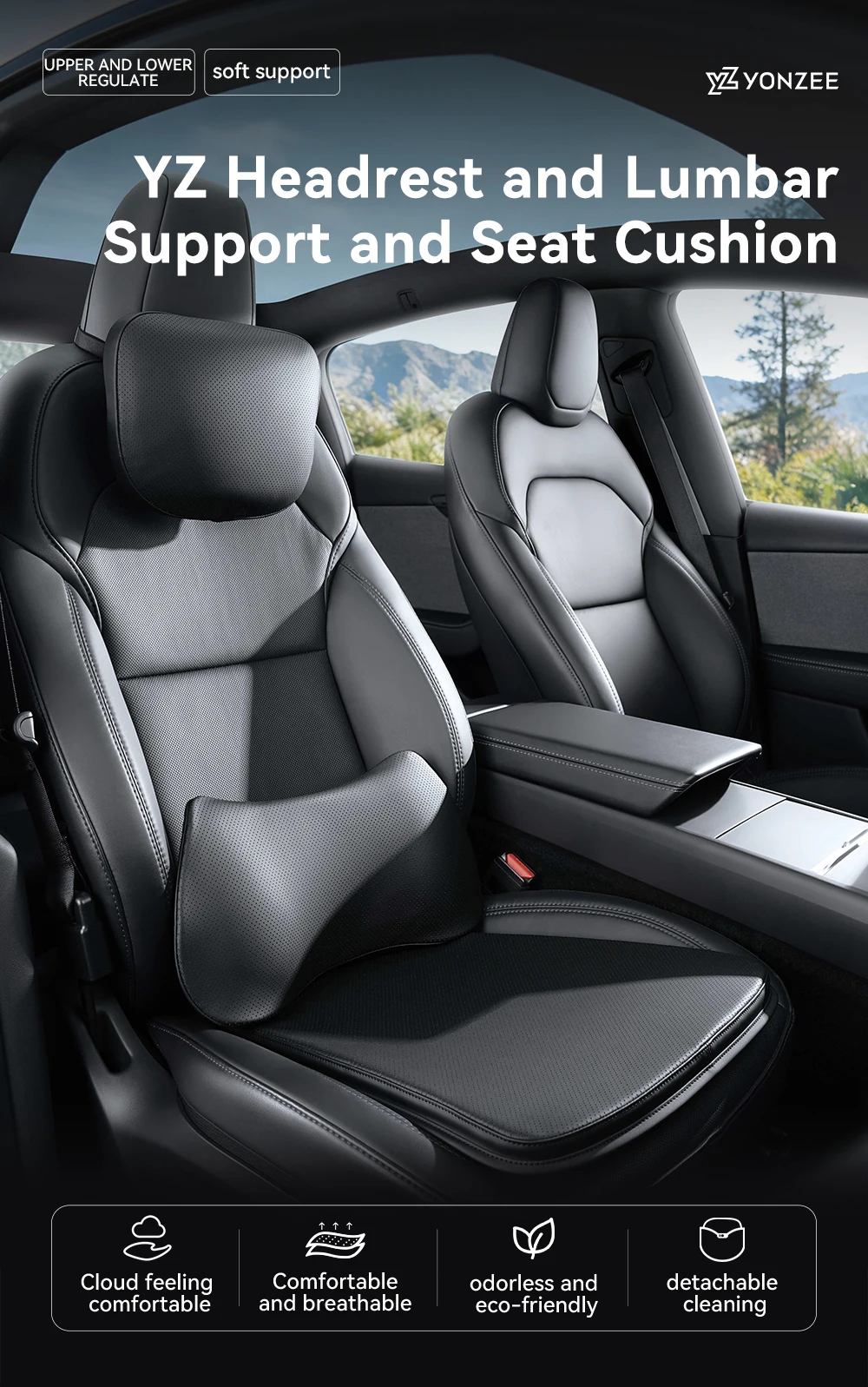 YZ Für Tesla Kissen Modell Y YL 3 Atmungsaktives Weiches Leder Kopfstütze Lendenwirbelstütze Sitzkissen Ergonomisches Memory-Schaum Nacken- und Taillenkissen – Detail 1