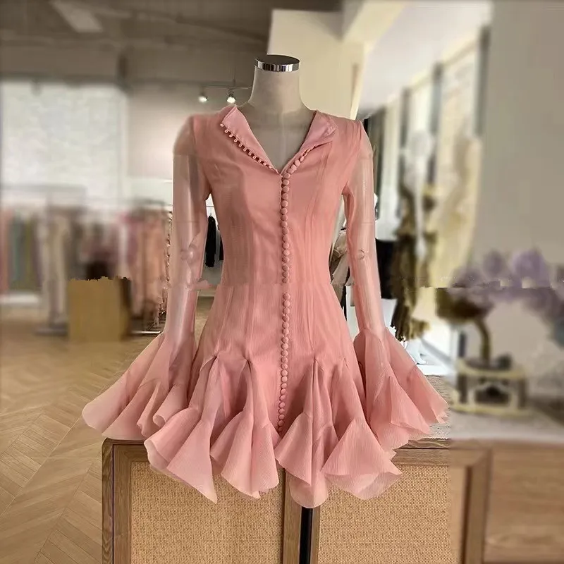 Luxury New Fashion Patchwork Ruffles Solid Slimming Dress For Women O Neck Flare Sleeve High Waist Party Casual Female Dresses