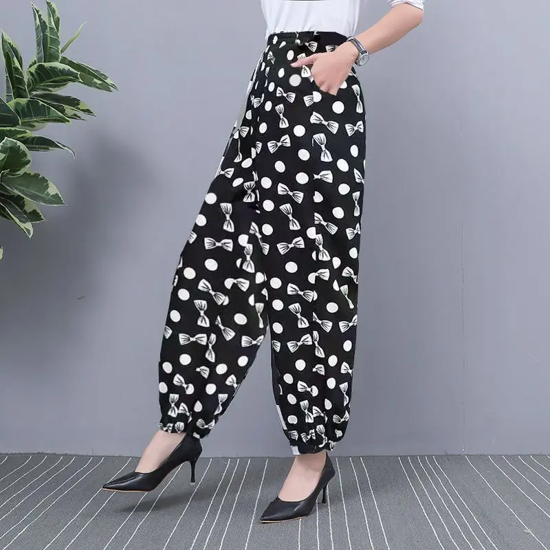 Vintage Printed Loose All-match Elastic High Waist Pants Women\'s Clothing 2024 Spring Summer New Loose Office Lady Cropped Pants