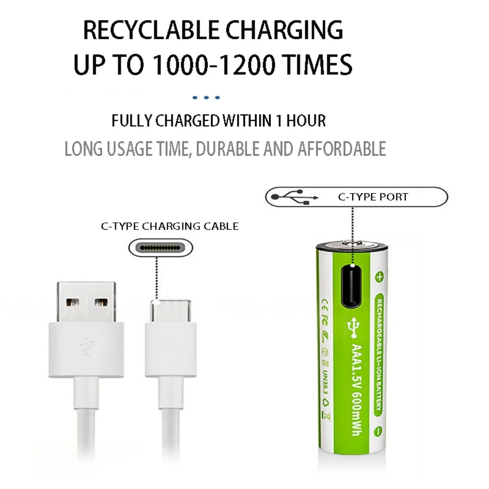 USBリチウムイオン電池,充電式,おもちゃ用,リモコン,懐中電灯,4 in 1ケーブル,aaa,1.5v,600mwh