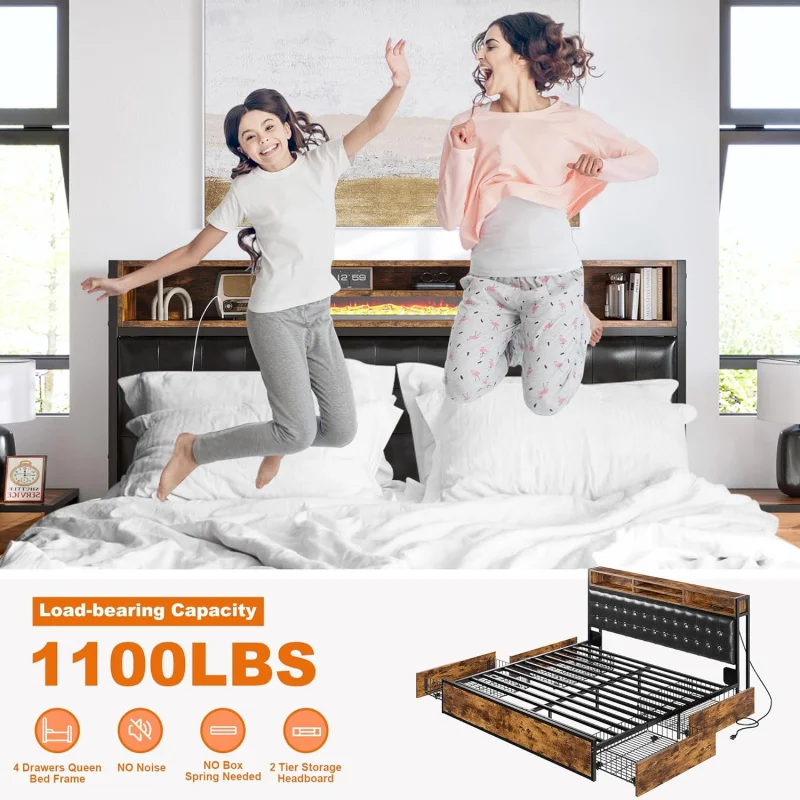 EnHomee 4 Drawers King and Headboard UpholsteredKing Size Bed Frame with Storage & amp image 5