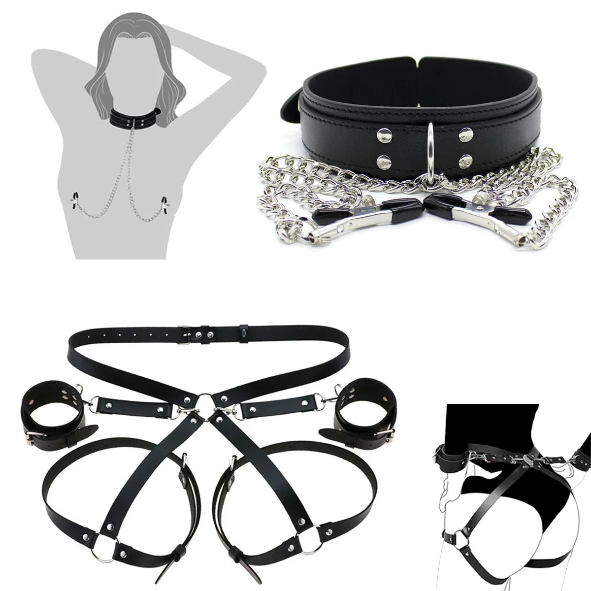 BDSM Handcuffs Sex Toys for Women PU Adjustable Nipple Clamps Neck Collar Bondage Cuffs SM Kit For Couples Adult Sex Toys