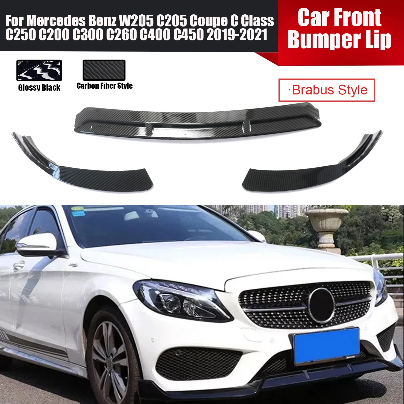 Car Front Bumper Lip For Mercedes Benz W205 C205 Coupe C Class C300 2019-2021 Brabus Style Body Kit Accessories