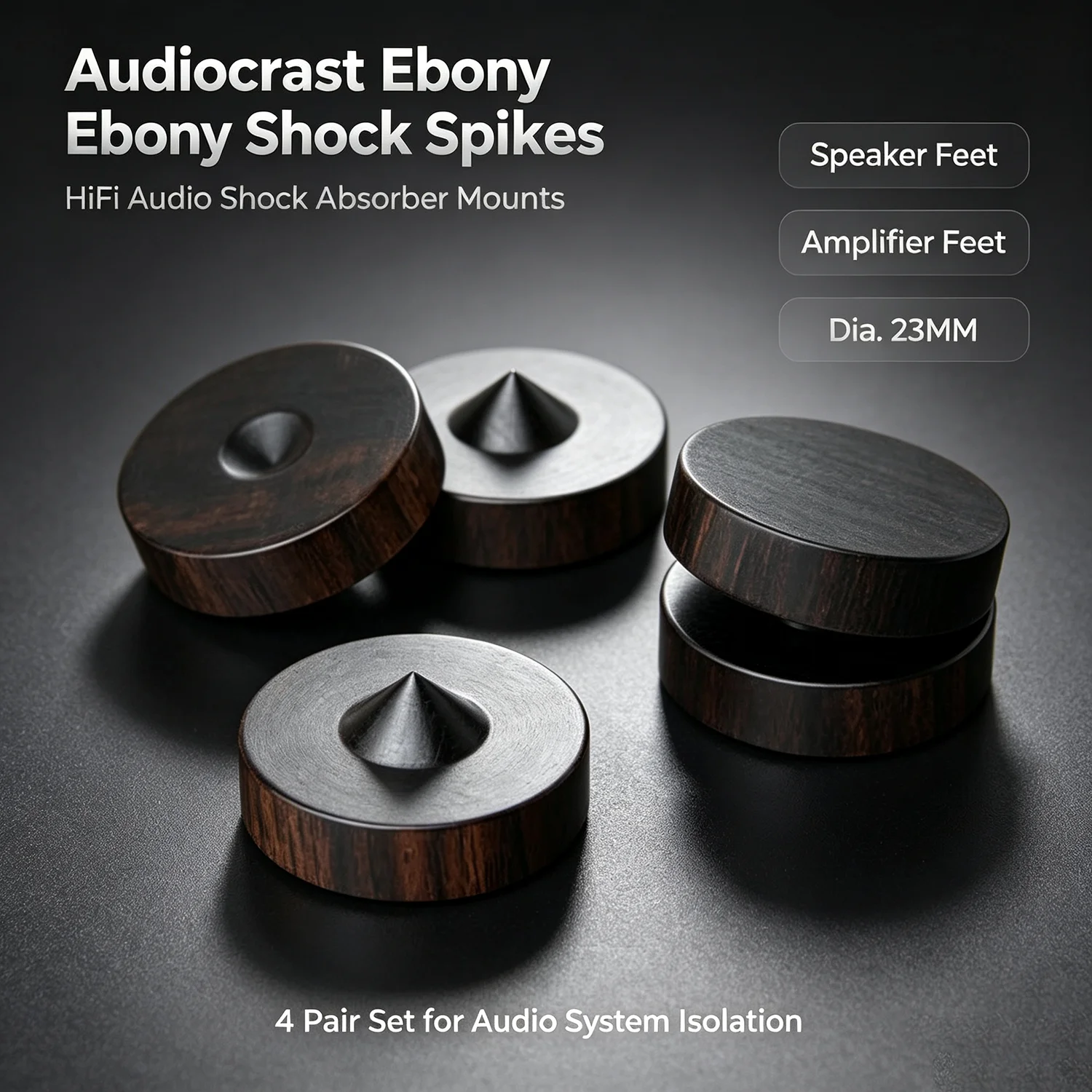 4 Pair Ebony Speaker Amplifier Shock Spikes with Audio Shock Absorber HiFi Mounts Amplifier Feet Dia. 23MM