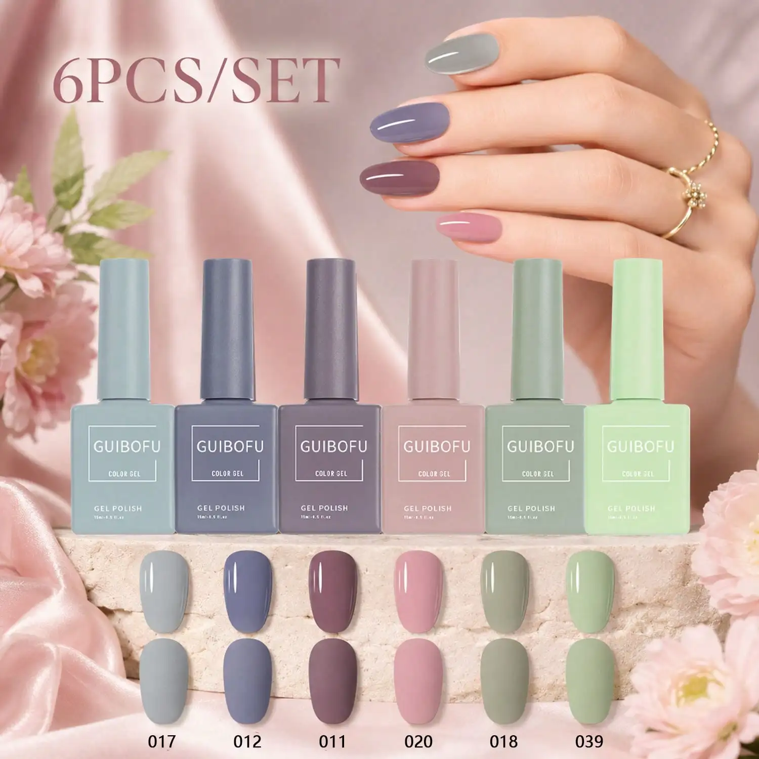 6Pcs 15ml Gel Polish Set,Cool Gray,Dusty Mauve,Soft Pink & Sage Green Shades,Solid Color Nail Gel For Manicure And DIY Nail Art