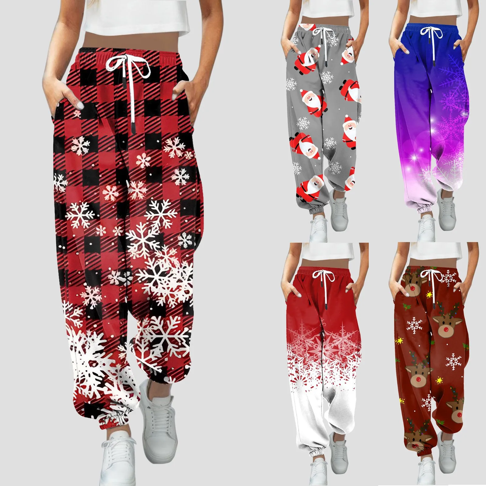 Christmas Pants Women Fashion Joggers Wide Pants High Waist Santa Claus Trousers Snowman Cargo Pants Snowflake Sweatpant Bottoms