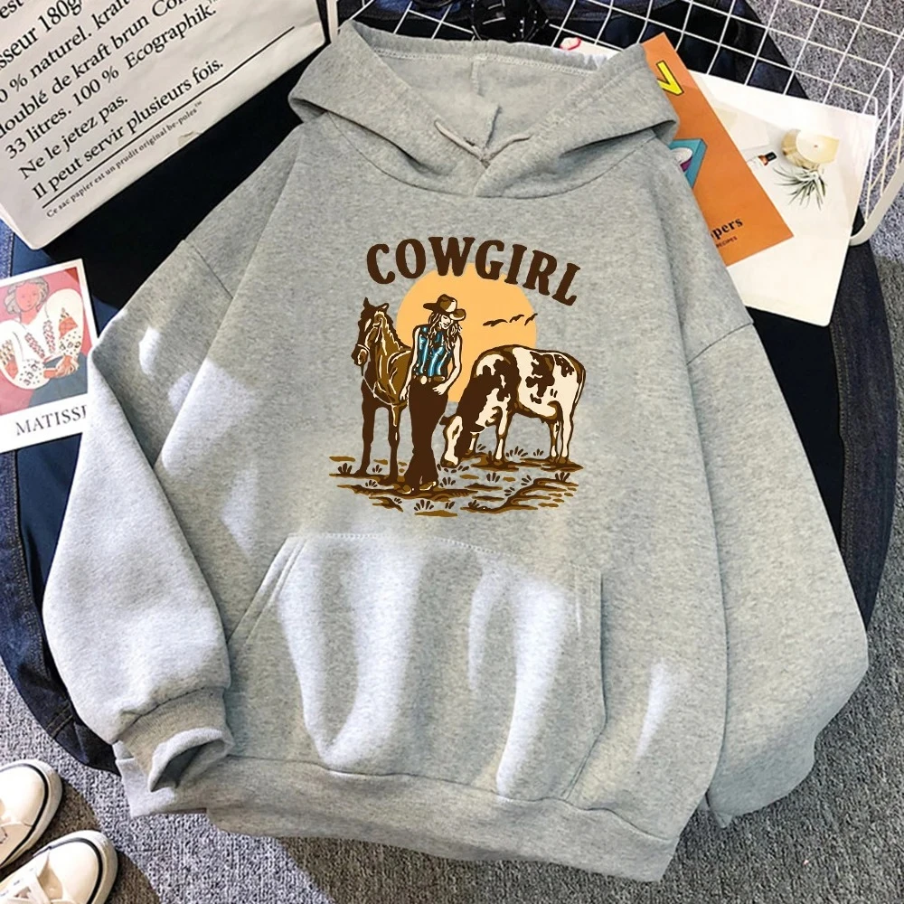 Sudadera con capucha de la vaquera y su vaca y el caballo viven en el oeste para mujer, sudaderas con capucha de calle de Hip Hop, ropa con bolsillo y cuello redondo, Jersey holgado
