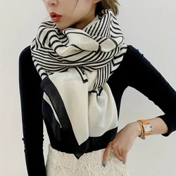 Classic Black White Striped Scarf Elegant Thin Breathable Silky Shawl Spring Summer Sunscreen Soft Beach Towel