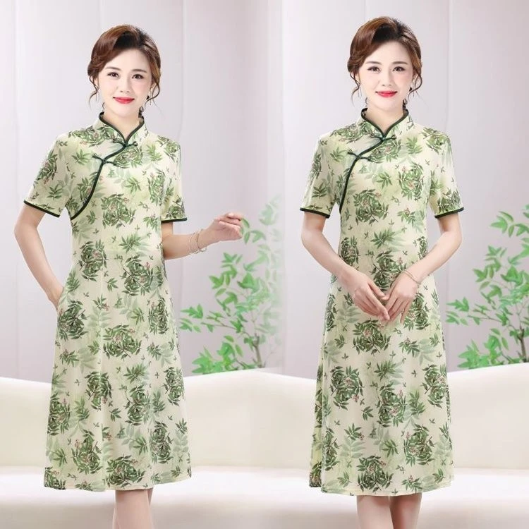 فستان صيفي نسائي جديد نسخة طويلة أوائل الربيع فستان مطبوع عصري على الطراز الصيني