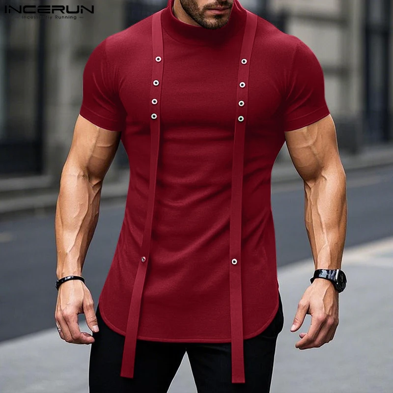 

INCERUN Tops 2025 American Style Fashion Men's Spliced Ribbon Metal Buckle T-shirts Casual Streetwear Male Long Sleeved Camiseta