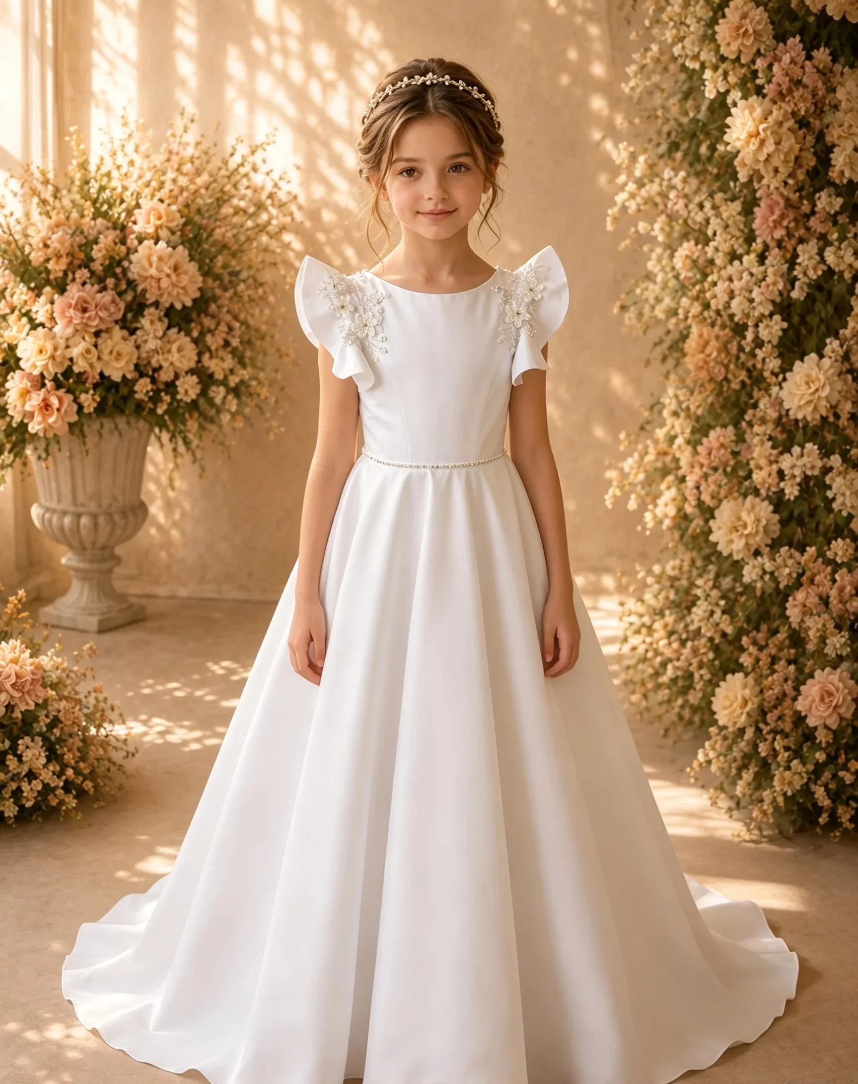 Großhandel Elegante Maßgeschneiderte Satin-Blumenmädchenkleider für Hochzeiten, Perlenbestickte Kinder-Geburtstagsfeierkleider, Erstkommunion-Ballkleider – Detail 1