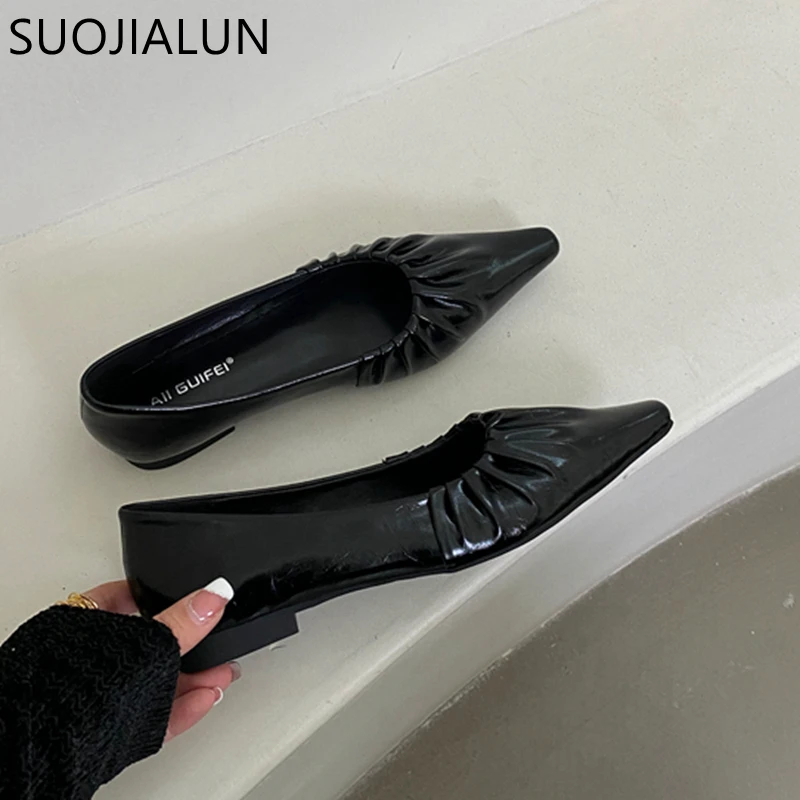 SUOJIALUN 2024 Spring New Women Flat Shoes Fashion Pleated Pointed Toe Ladies Ballerinas Shoes Flat Heel Shallow Slip On Ballet