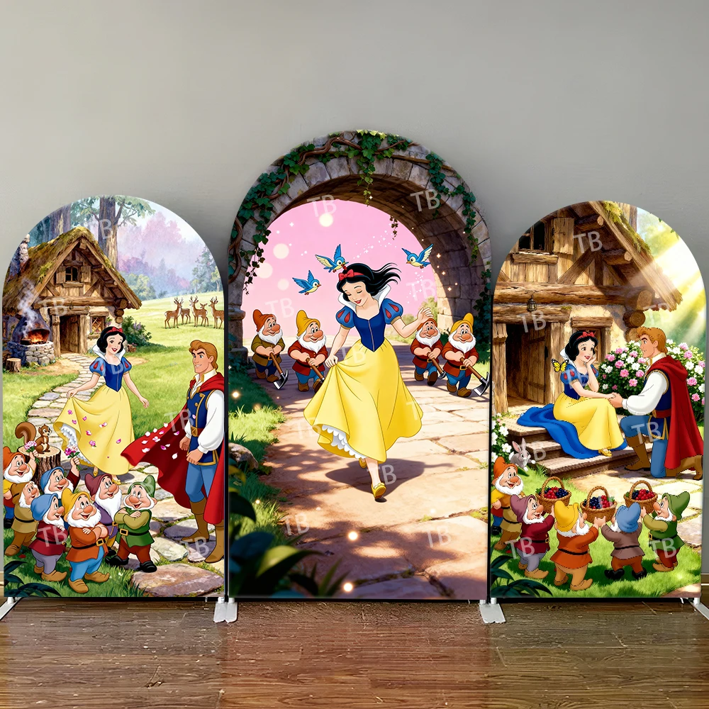 

Disney Snow White Arch Backdrop cover Seven Dwarfs Prince Birds Cottage Cute Photo Booth Props for Parties & Home Decoration