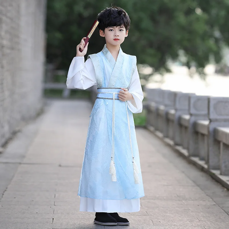 

Chinese Traditional Kids Dress Ancient Hanfu Suit China Style Folk Dance Perform Kimono Robe Boy Martial Arts Costumes Cosplay