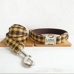 Personalized Dog Collar with Free Engraving, Matching Pet Leash,Customzied Contacts Metal Buckle,Brown Yellow Plaid Pet Collars