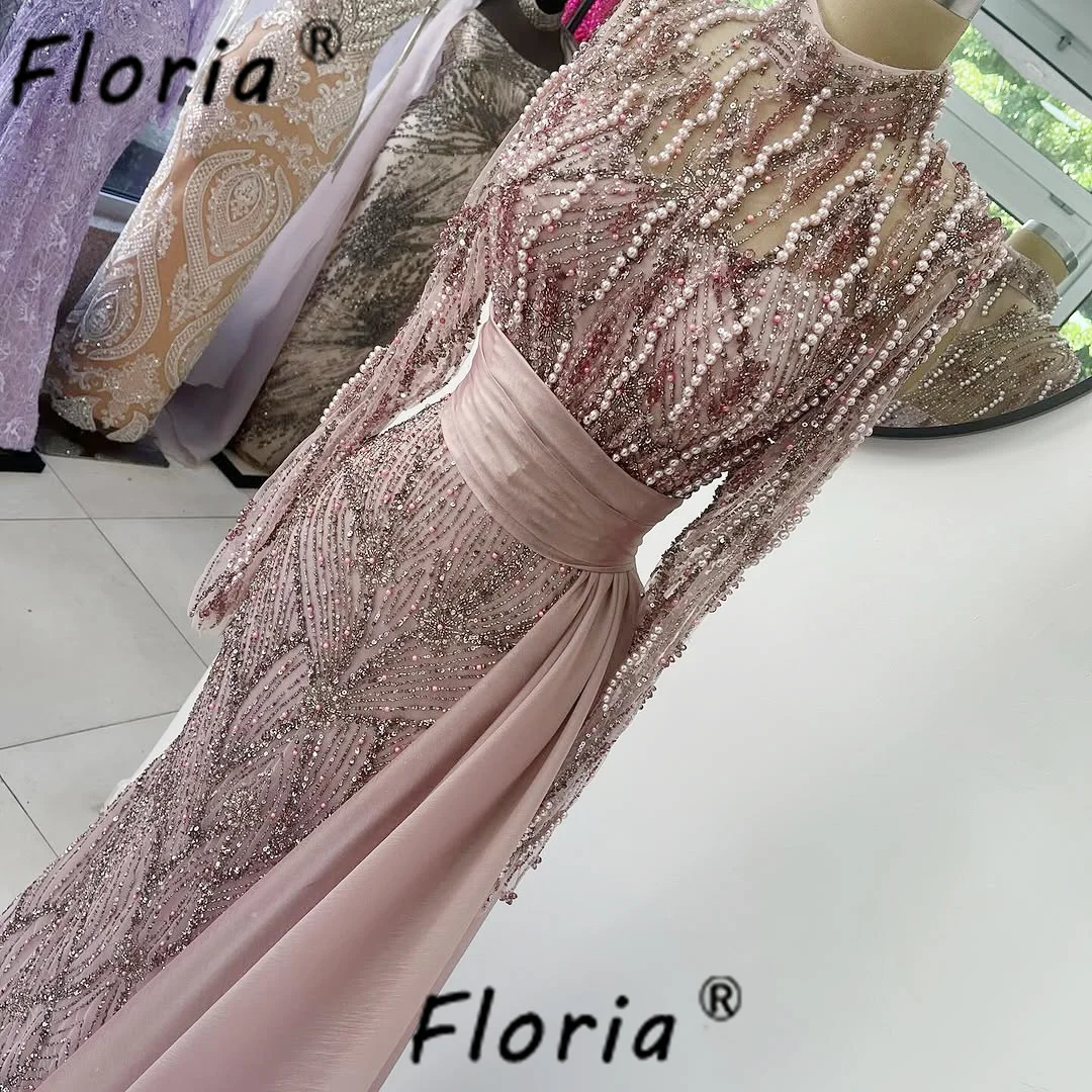 Elegante Roze Parels Kralen Avondjurk Lange Mouwen Moslim Dubai Vrouw Bruiloft Jurken Aangepaste Robe de Soiree Femme 2025