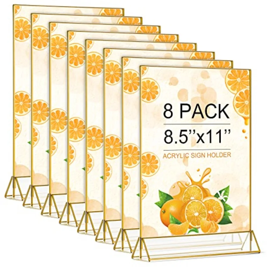 

Держатели для меню из акрила с золотой рамкой, 8,5x11 дюймов, двусторонние, для стола, 8 штук в упаковке