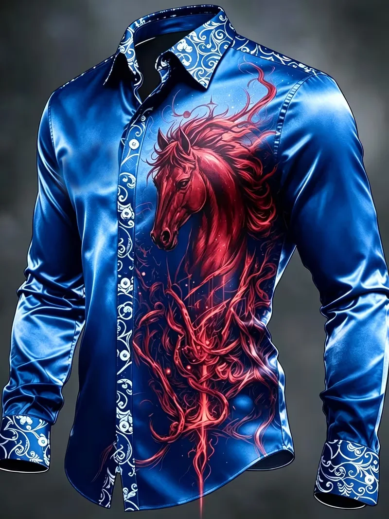 New Gradient Retro Floral Lining Gradient Satin Baroque Curly Sunflower Art Men's Long Sleeve Shirt Clothing