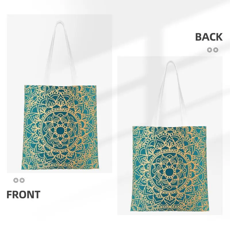 Green And Gold Mandala Pattern Shopping Bag Women Canvas Shoulder Tote Bag Durable Buddha Buddhism Flower Grocery Shopper Bags