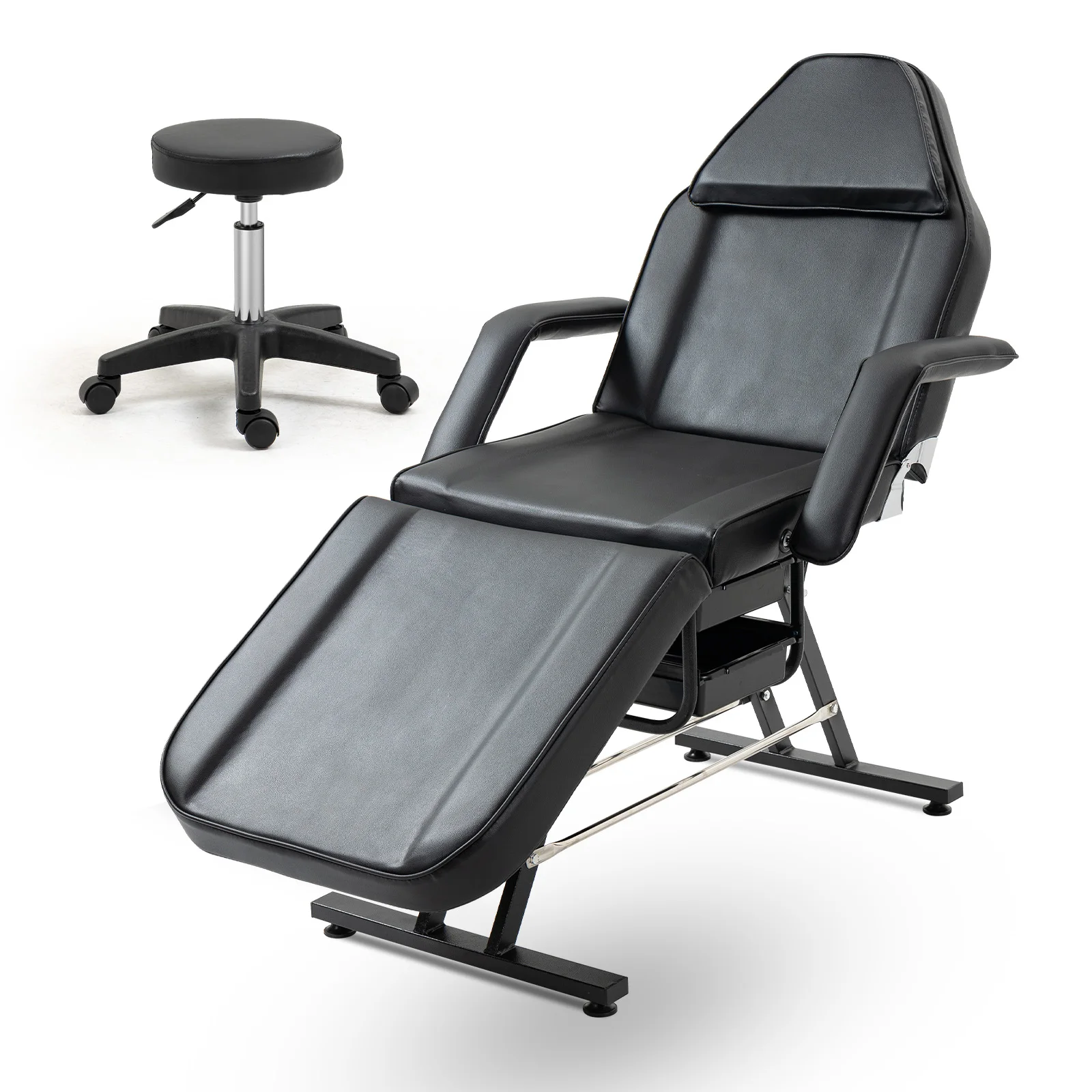 Adjustable 3 Section Massage Table Esthetician Facial Bed with Hydraulic Stool and 2 Trays Tattoo Spa Barber Salon Beauty Black