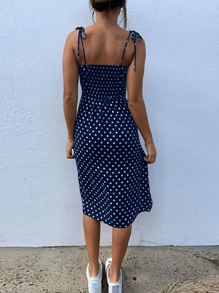 Jurken Zonnejurk Zomer Vrouwen Causale Polka Dot Mouwloze Hoge Geplooide elastische taille V-hals Strand Jurk Vestidos De Verano