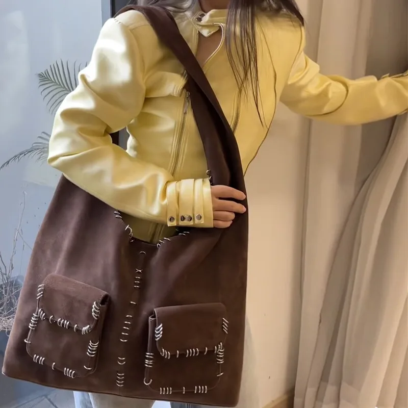 

Faux Suede Tote Bags For Women Luxury Designer Handbag And Purses 2025 New In Metal Ring Trim Multiple Pockets Underarm Shoulder