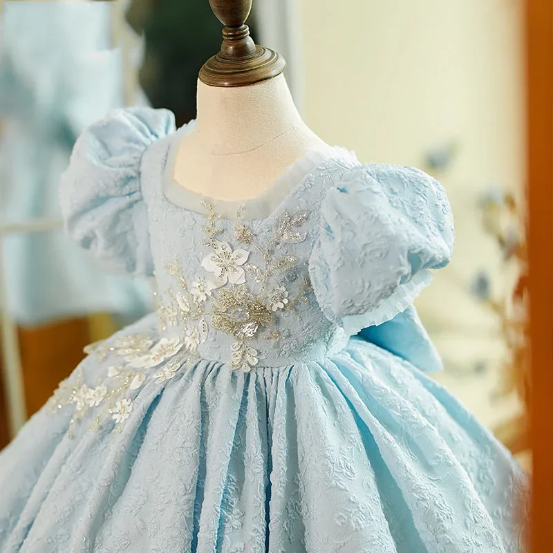 Newborn Clothes Baby Girl Dress Light Blue Lace Infant Christening Gown Wedding Dress Sequin Appliques Birthday Party Vestidos