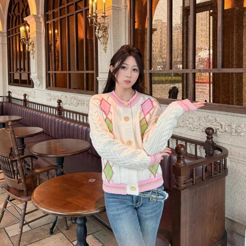 Women's 2026 Autumn Winter American Vintage Preppy Argyle Knit Cardigan Round Neck Cable Sweater Chic Coquette Trendy Top view 5