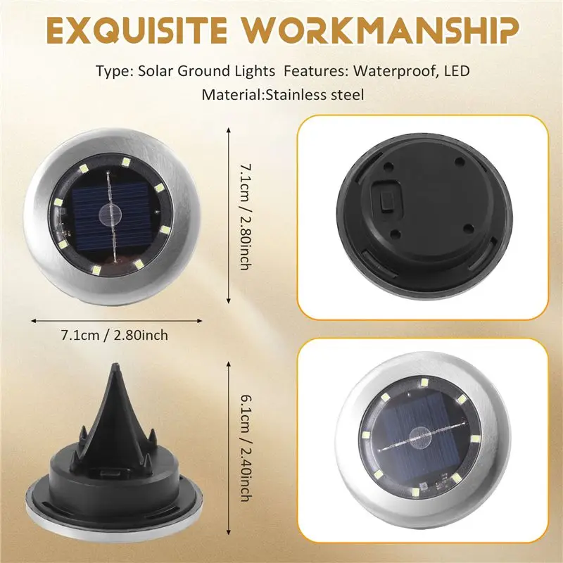 DT19 Solar Ground Lights, 12 Pack, Outdoor 8 LED Solar Disk Lights, IP65 Waterproof for Garden Pathway Lawn Patio, Stainless