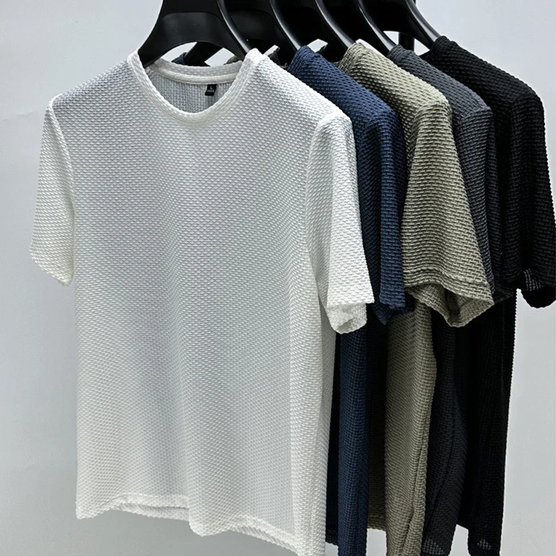 Men's Short Sleeve Mesh Bamboo Ice Silk T-shirt Casual Versatile Summer Elastic Slimming Top for Men