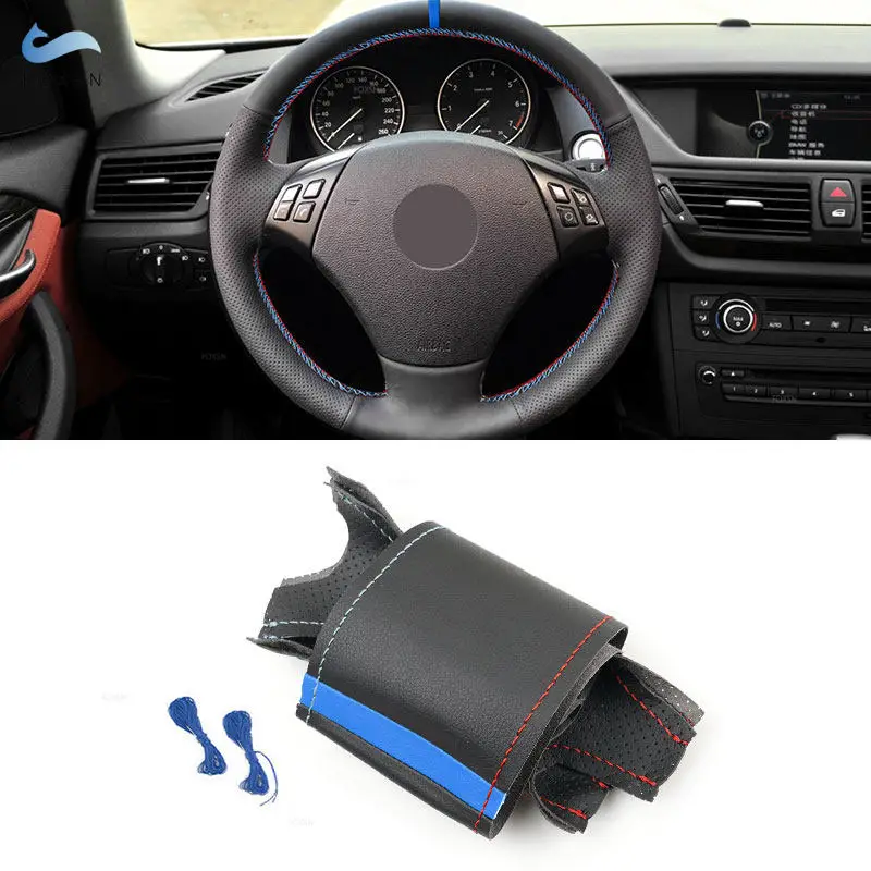 Voor BMW 3 Serie E90 E91 2005-2011X1 E84 2010-2013 Hand-gestikt Auto-interieur Stuurwiel lederen Cover Trim met blauwe Bar