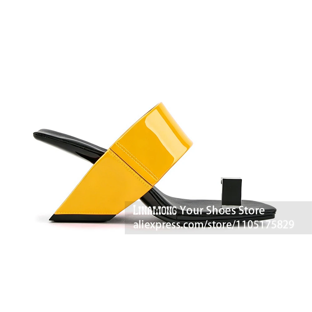 Avant Garde Geometric Sculptural Heel Mules Square Toe Ring Slippers Patent Leather Designer Summer Party Evening Dress Footwear view 3