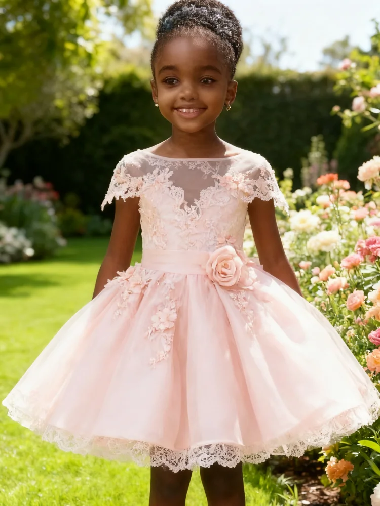 

Lace Satin Short Flower Girl Dress Wedding Party Girls' Short-Sleeve Dress Pageant Dress First Communion Dress