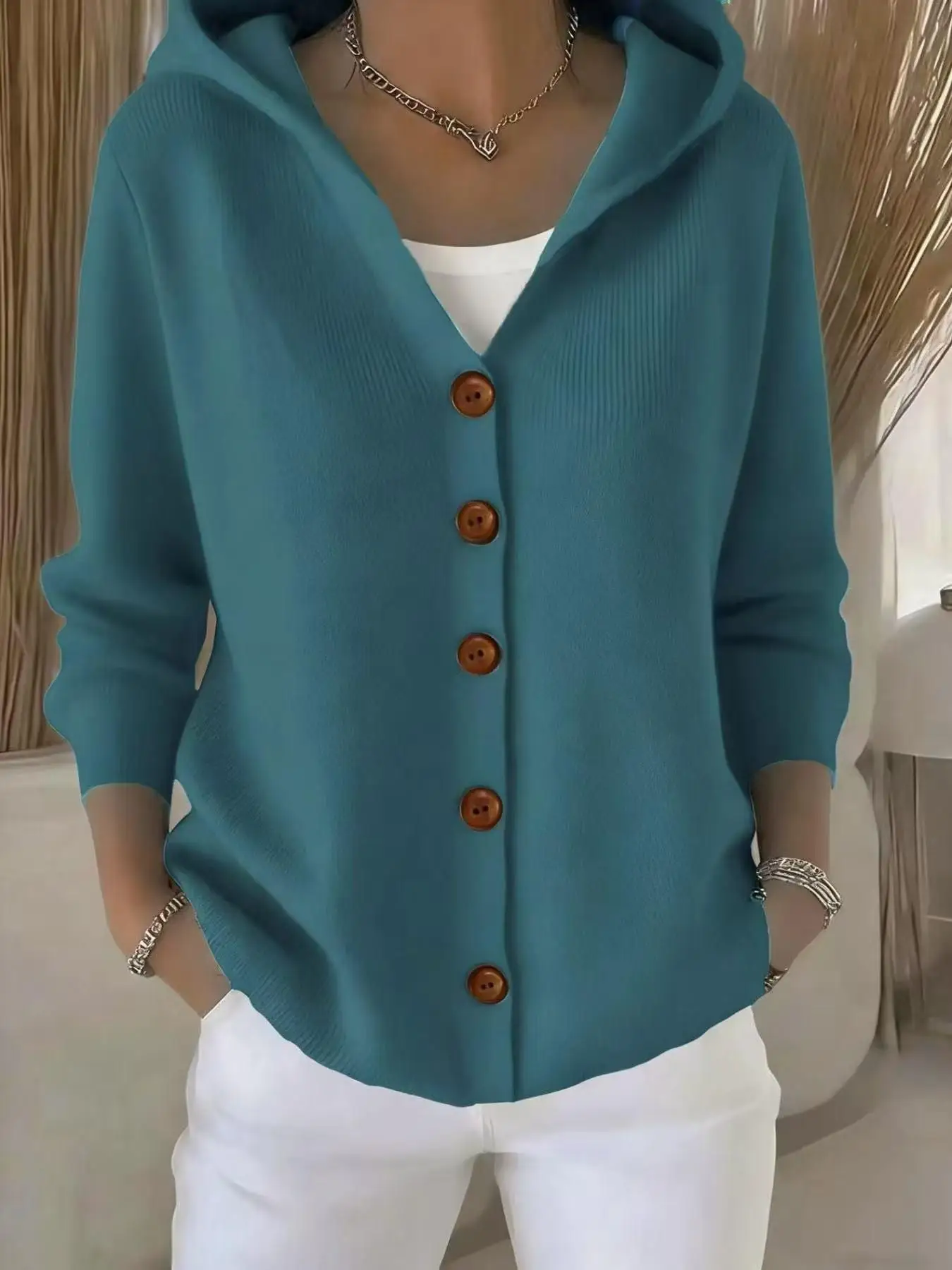 Picture 7: plus Size Women's Hooded V-Neck Knit Cardigan Long Sleeve Button Front Solid Casual Outerwear Knitted Comfortable Fit Cardigan