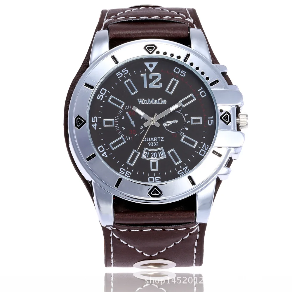 Womage Fashion Brand Watch Men Sport Big Watches Leather Strap Analog Quartz Wristwatches Montre Homme Relogio Masculino