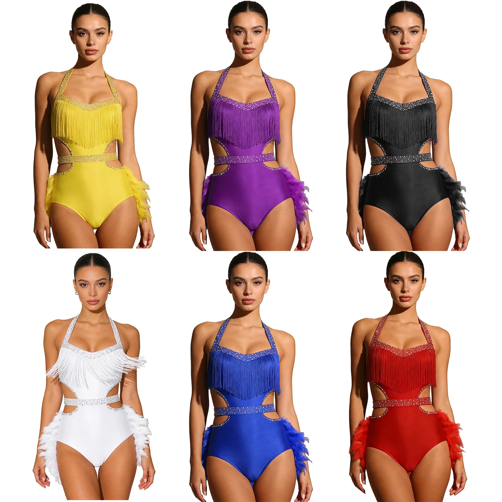 Mulheres jazz samba collant latino falso pena acentos halter sem costas sem mangas espanhol tango dança bodysuit macacão dancewear