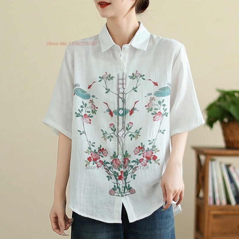 

2024 chinese vintage blouse women national flower print folk blouse traditional chinese streetwear hanfu tops ethnic blouse