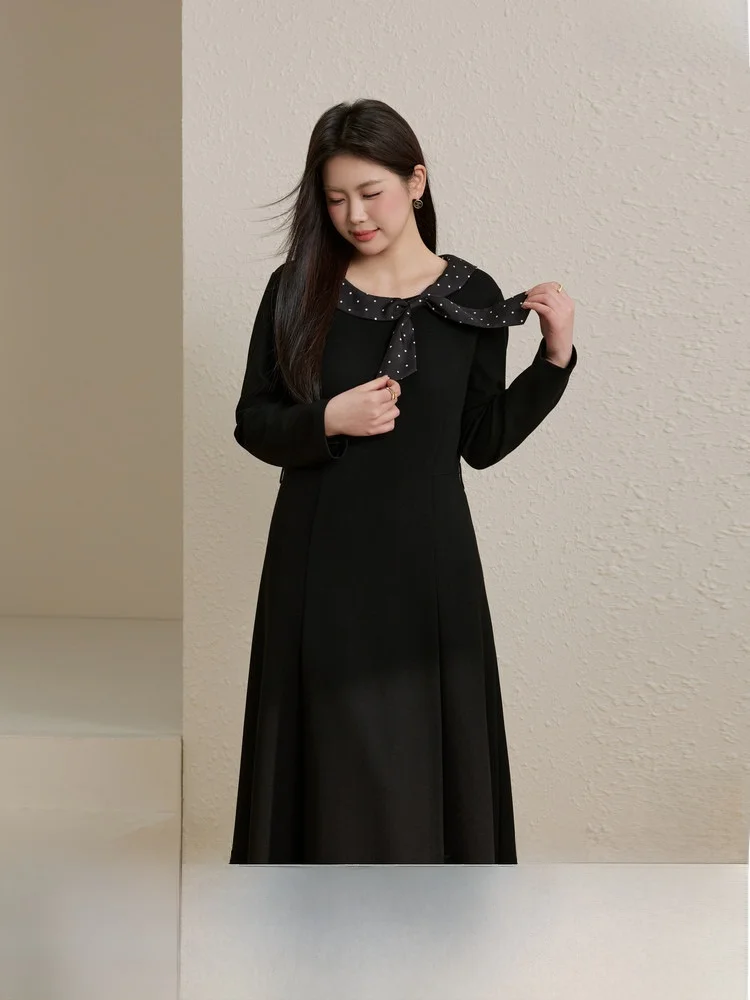 

Ele Polka Dot Dr with Bow Large Size Women's Clothing Spring New Arrival A-Line Skirt Long Dr Casual Commute Sle