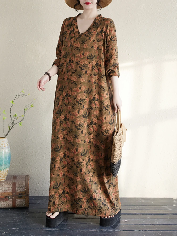 

Retro V-Neck Long Dress Women 2025 New Long Sleeve Pocket Maxi Dress Cotton Linen Loose Casual Printed Floral Dresses Female
