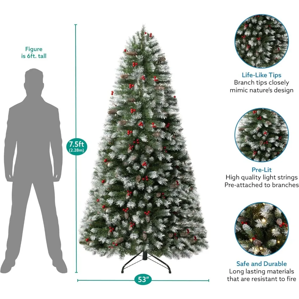 

Vancouver 7.5ft Frosted Prelit Artificial Christmas Tree with Pine Cones, Faux Berries, Foot Pedal, 1346 Branch Tips, 550 Warm