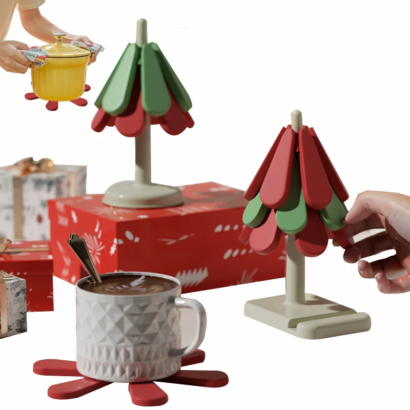 Silicone Trivet Mats Christmas Tree Foldable Heat Resistant Mat for Pot Holders Hot Dishers Table Decoration Christmas Gift