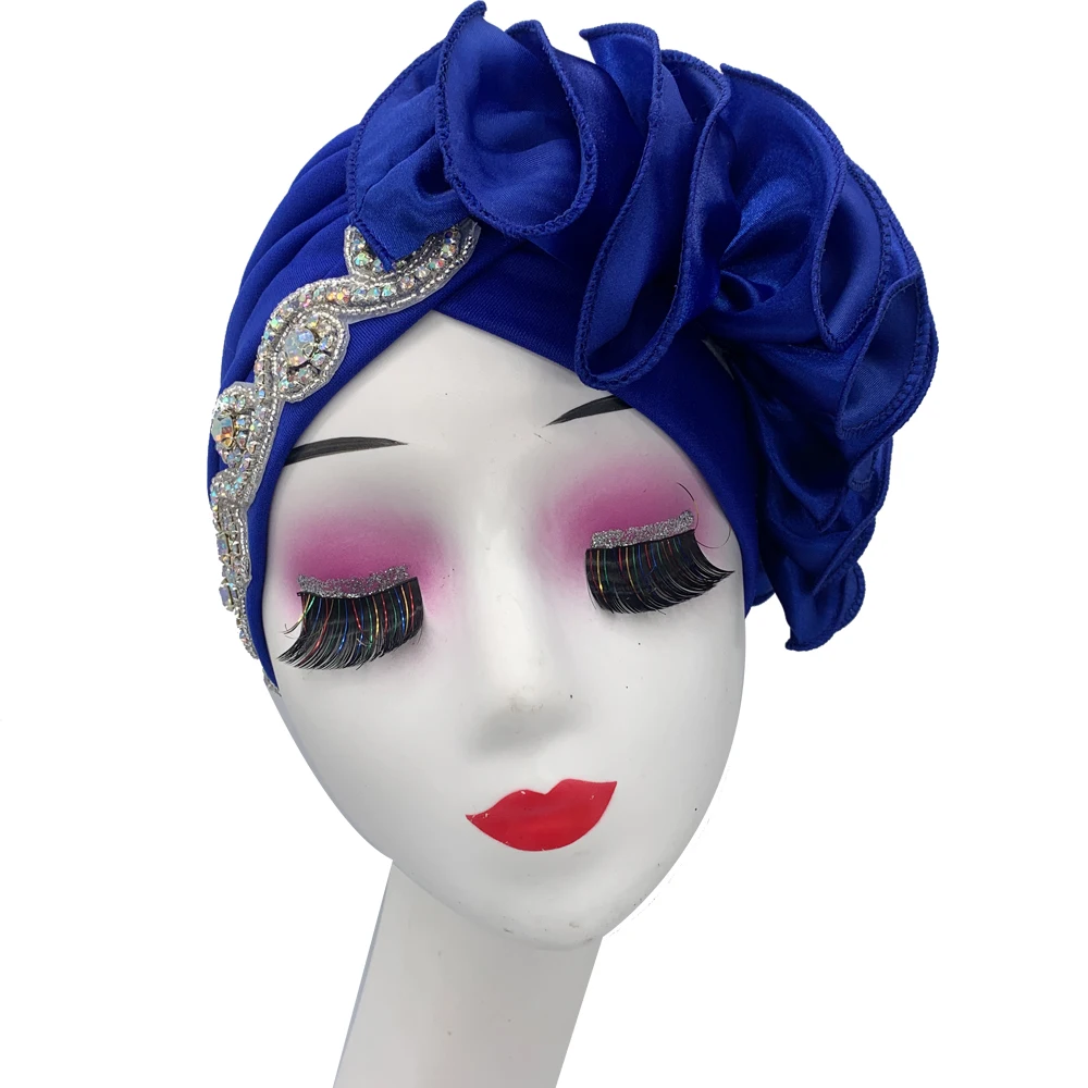 Satin Ruffled Pleated Turban Cap for Women African Ready to Wear Headtie Nigeria Female Head Wraps Bonnet Party Headgear