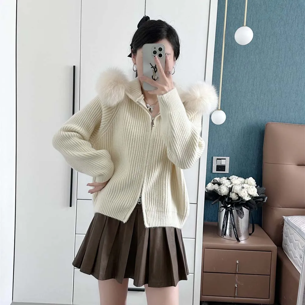 2025 المرأة ريال فوكس الفراء طوق معطف سترة فضفاضة مقنعين الثعلب الفراء الديكور سترة ملابس خارجية معاطف الإناث