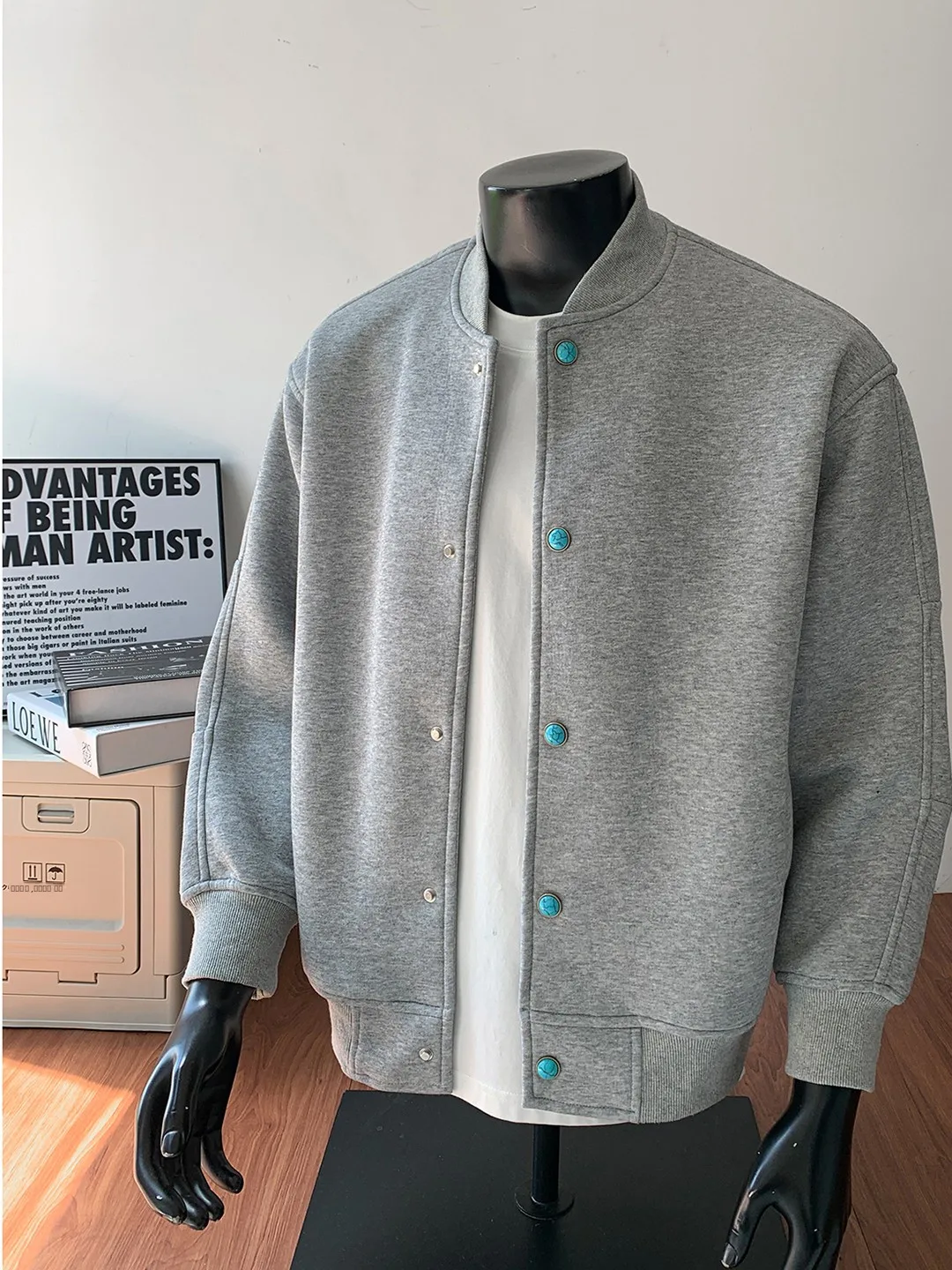 

ay Turquoise Button Baseball Jaet Men's American Sle oulder Jaet Early Autumn Top Breathable Stand Fit Long Sve